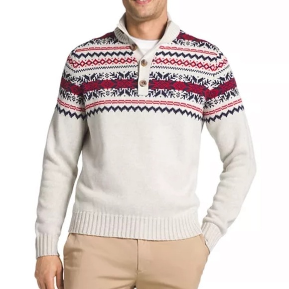 Izod Sweater FairIsle pattern Heathered cream with red and black Holiday - Picture 12 of 13